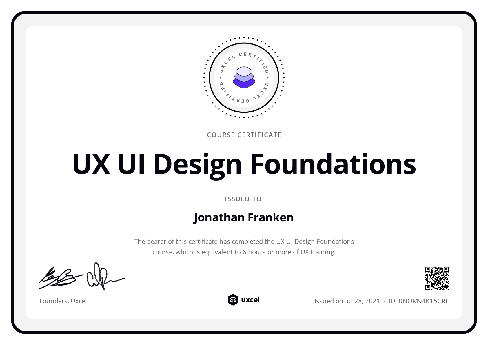 Jonathan Franken's certificate